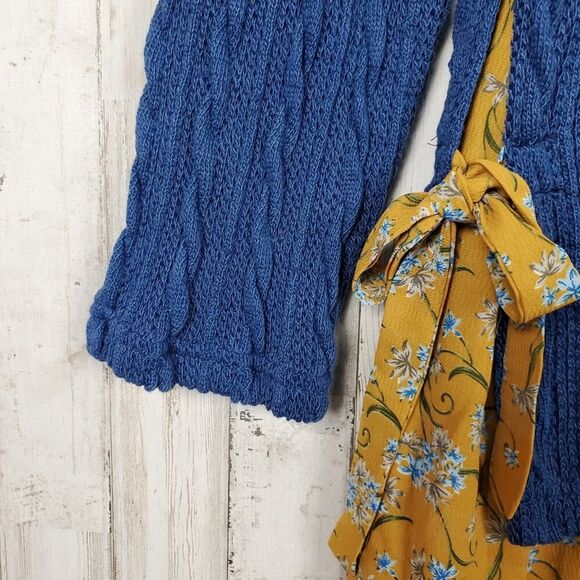 Suzanne Betro Floral Cable Knit Sweater Blue Yellow Size Small - Picture 7 of 10